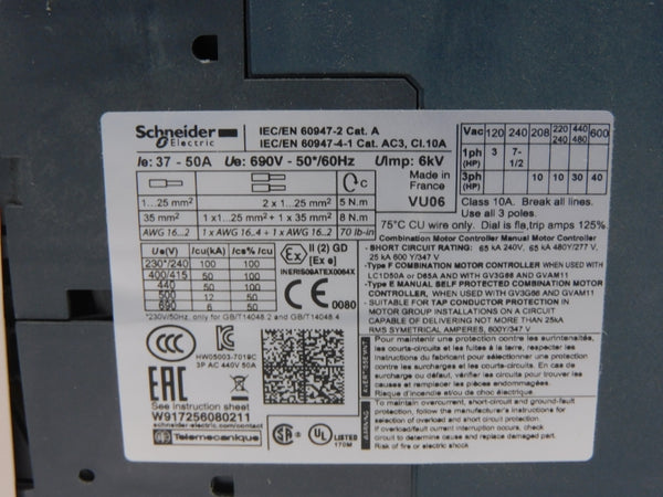 SCHNEIDER ELECTRIC GV3P50 690V 37-50A (AS PICTURED) NSMP