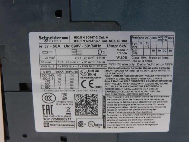 SCHNEIDER ELECTRIC GV3P50 690V 37-50A (AS PICTURED) NSMP