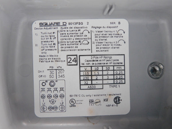 SQUARE D 9013FSG2 SER. B 600V 50PSI NSNP