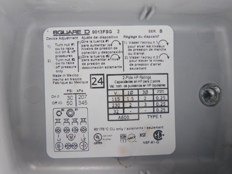 SQUARE D 9013FSG2 SER. B 600V 50PSI NSNP