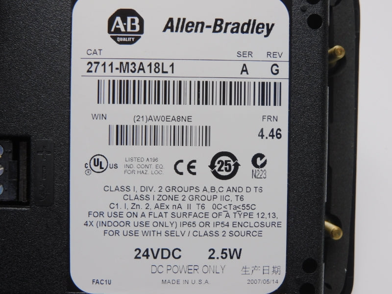 ALLEN BRADLEY 2711-M3A18L1 SER. A F/W 4.46 REV. G 24VDC NSMP
