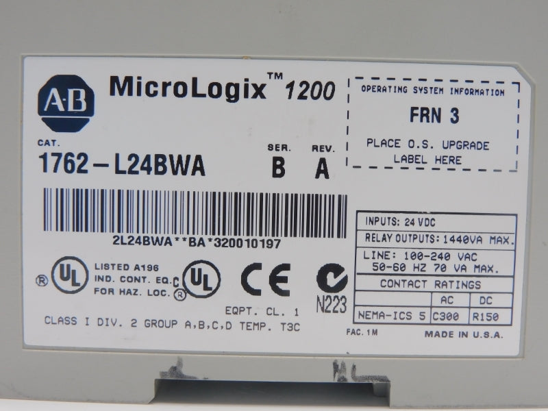 ALLEN BRADLEY 1762-L24BWA SER. B F/W 3 REV. A 100-240VAC (NO COVER) NSNP