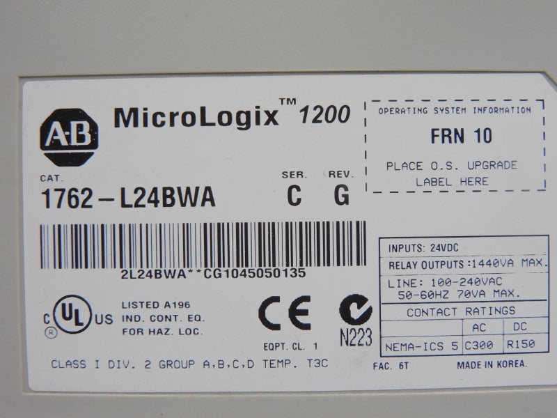 ALLEN BRADLEY 1762-L24BWA SER. C F/W 10 REV. G 100-240VAC (NO DOOR) UNMP