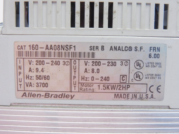 ALLEN BRADLEY 160-AA08NSF1 SER. B F/W 6.00 200-240V 9.4A UNMP