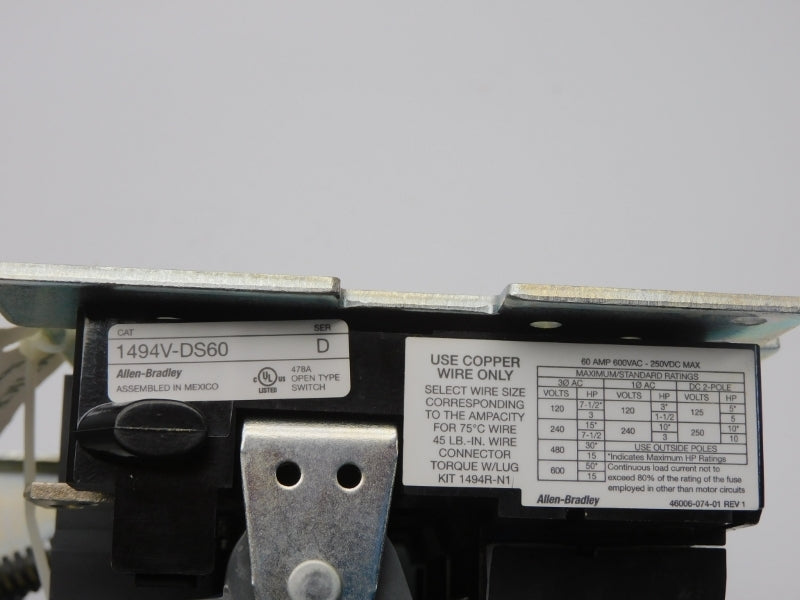 ALLEN BRADLEY 1494V-DS60 SER. D 600VAC 60A NSNP