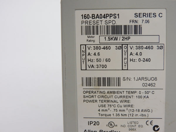 ALLEN BRADLEY 160-BA04PPS1 SER. C F/W 7.06 380-460V 4.6A UNMP