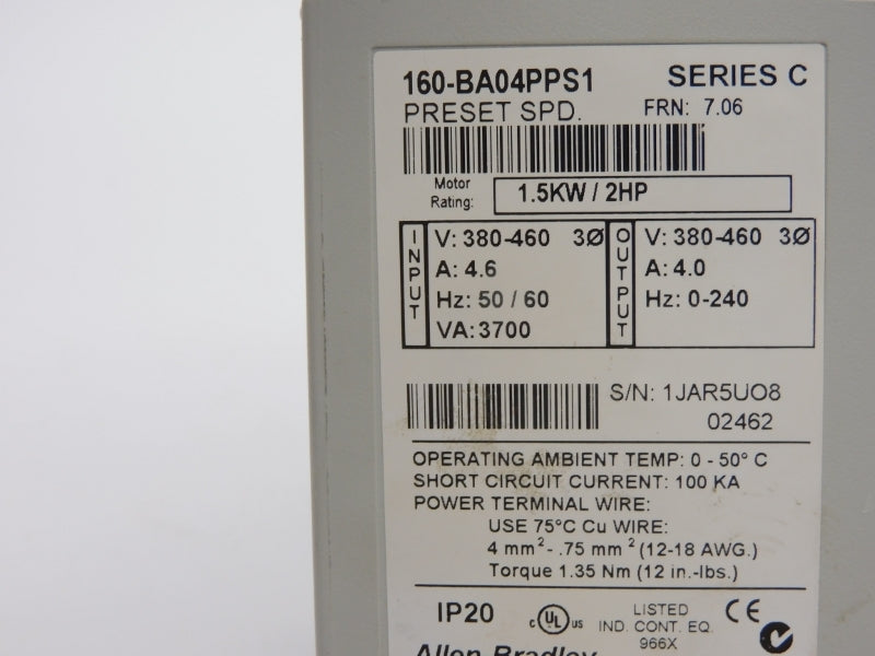 ALLEN BRADLEY 160-BA04PPS1 SER. C F/W 7.06 380-460V 4.6A UNMP