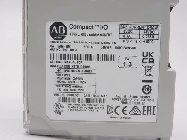 ALLEN BRADLEY 1769-IR6 SER. A F/W 1.3 VER. 09 24VDC 0.1A NSMP