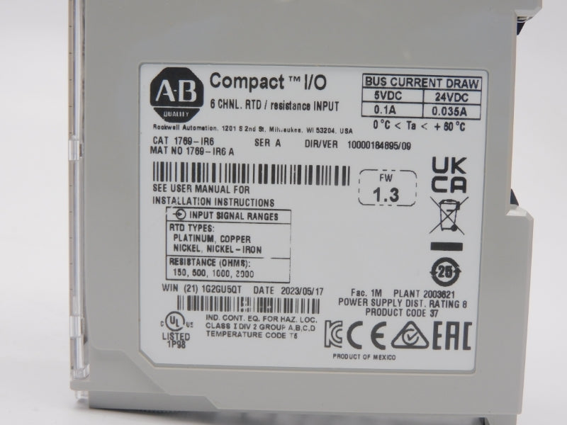 ALLEN BRADLEY 1769-IR6 SER. A F/W 1.3 VER. 09 24VDC 0.1A NSMP