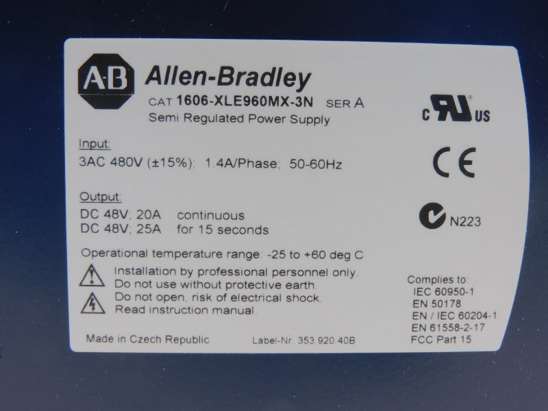 ALLEN BRADLEY 1606-XLE960MX-3N SER. A 480V 20A (WH) NSMP