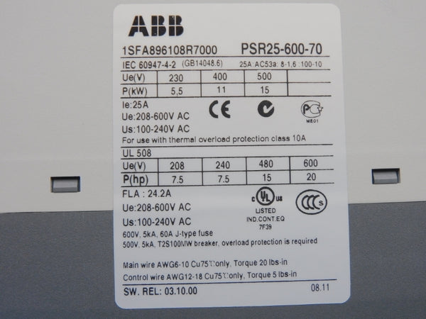 ABB 1SFA896108R700 PSR25-600-70 208-600V 24.2A NSMP