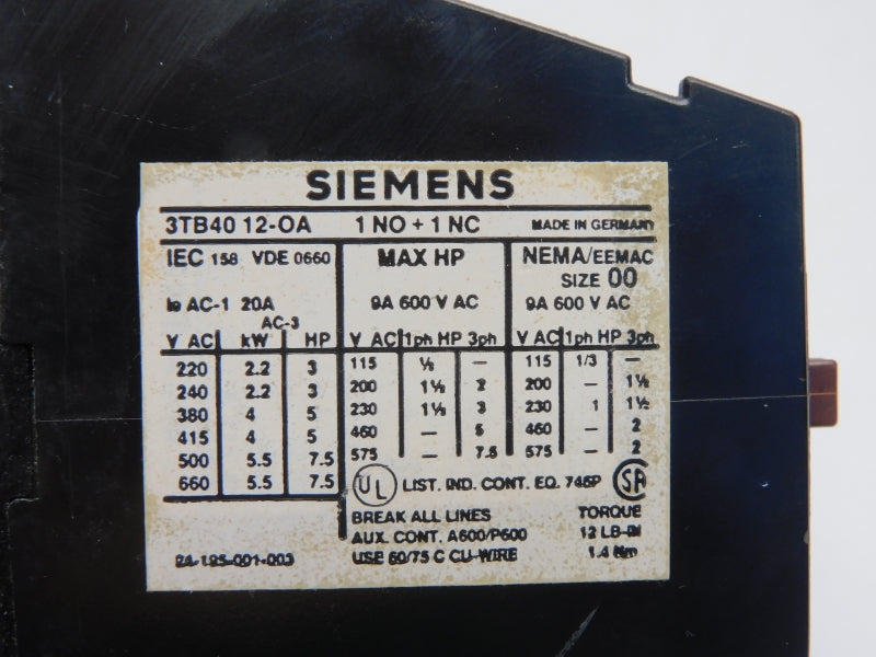 SIEMENS 3TB4012-0A 110/120V 20A UNMP