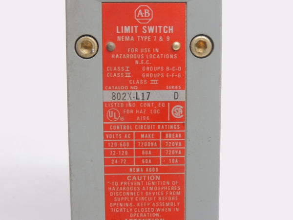ALLEN BRADLEY 802X-L17 SER. D 120-600VAC 60A UNMP