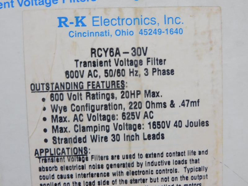 R-K ELECTRONICS RCY6A-30V 600VAC NSMP