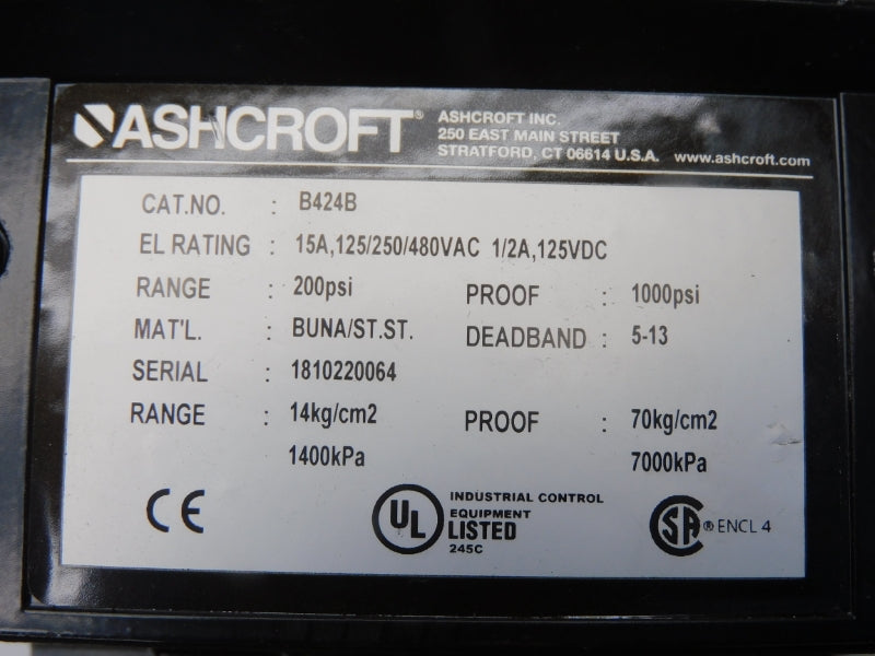 ASHCROFT B424B 480VAC 15A 200PSI NSNP