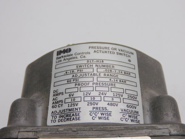 BARKSDALE CONTROLS D1T-H18 480V 10A .4-18 PSI NSNP