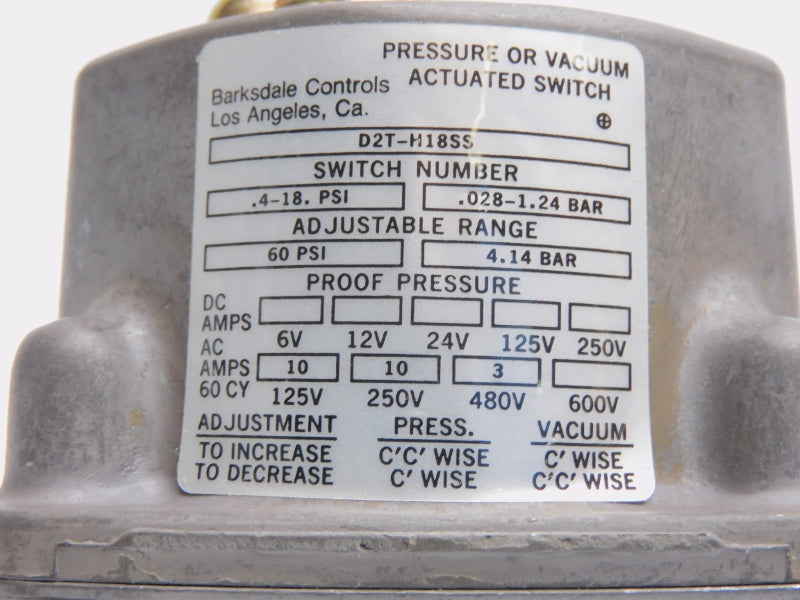 BARKSDALE CONTROLS D2T-H18SS 480V 10A .4-18PSI NSNP