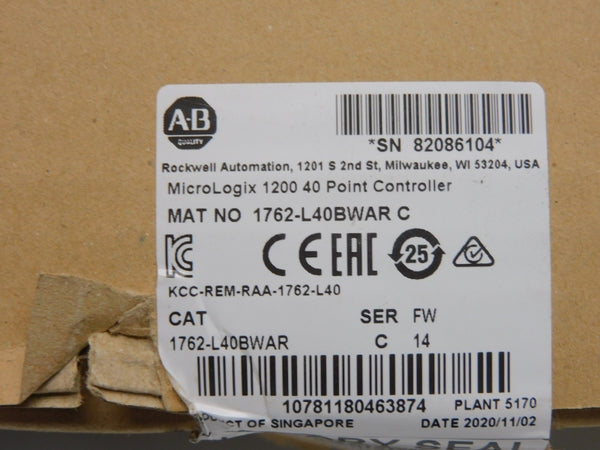 ALLEN BRADLEY 1762-L40BWAR SER. C F/W 14 100-240VAC NSMP