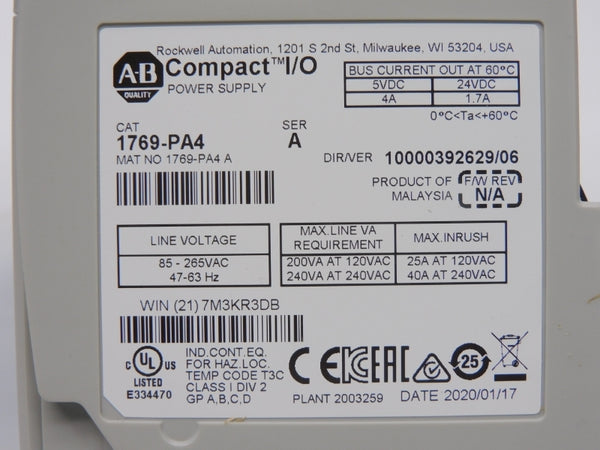 ALLEN BRADLEY 1769-PA4 SER. A VER. 06 120/240VAC 4A NSMP