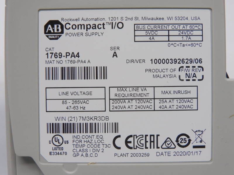 ALLEN BRADLEY 1769-PA4 SER. A VER. 06 120/240VAC 4A NSMP