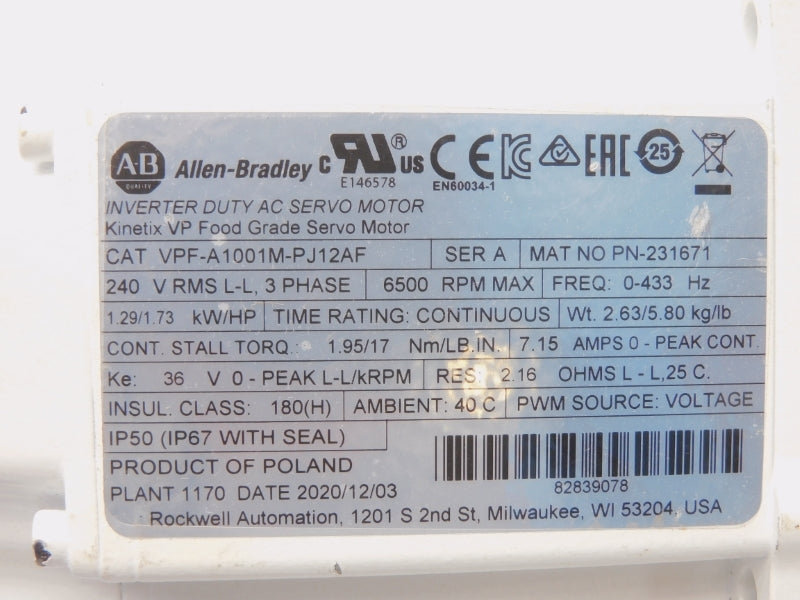 ALLEN BRADLEY VPF-A1001M-PJ12AF SER. A 240V 7.15A NSNP