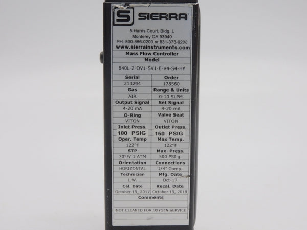 SIERRA INSTRUMENTS 840L-2-OV1-SV1-E-V4-S4-HP 180PSI 0-10SLPM UNMP