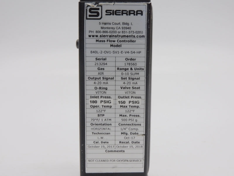 SIERRA INSTRUMENTS 840L-2-OV1-SV1-E-V4-S4-HP 180PSI 0-10SLPM UNMP