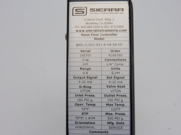 SIERRA INSTRUMENTS 840L-2-OV1-SV1-E-V4-S4-HP 180PSI 0-8SLPM UNMP