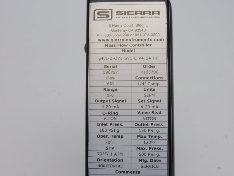 SIERRA INSTRUMENTS 840L-2-OV1-SV1-E-V4-S4-HP 180PSI 0-8SLPM UNMP