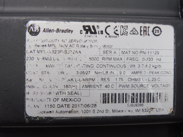 ALLEN BRADLEY MPL-A320P-SJ72AA SER. A 230V 9.0A UNMP