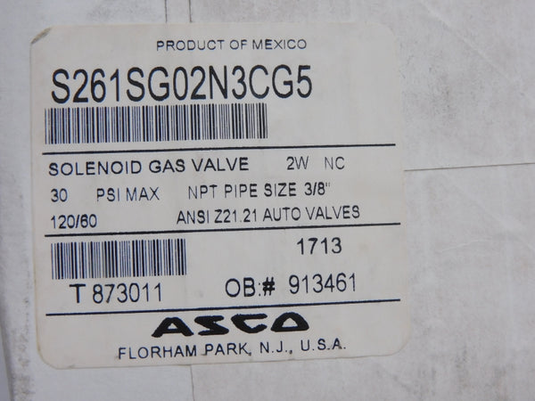 ASCO S261SG02N3CG5 120V .45A 30PSI 3/8" NSMP
