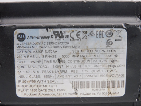 ALLEN BRADLEY MPL-A320P-SJ72AA SER. A 240VAC 9.0A UNMP