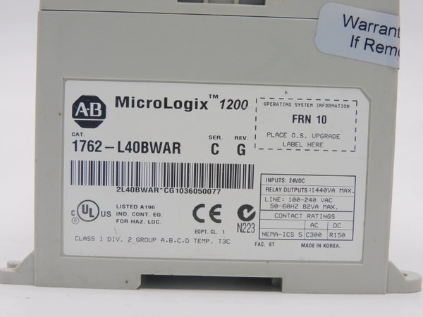 ALLEN BRADLEY 1762-L40BWAR SER. C F/W 10 REV. G 100-240VAC UNMP