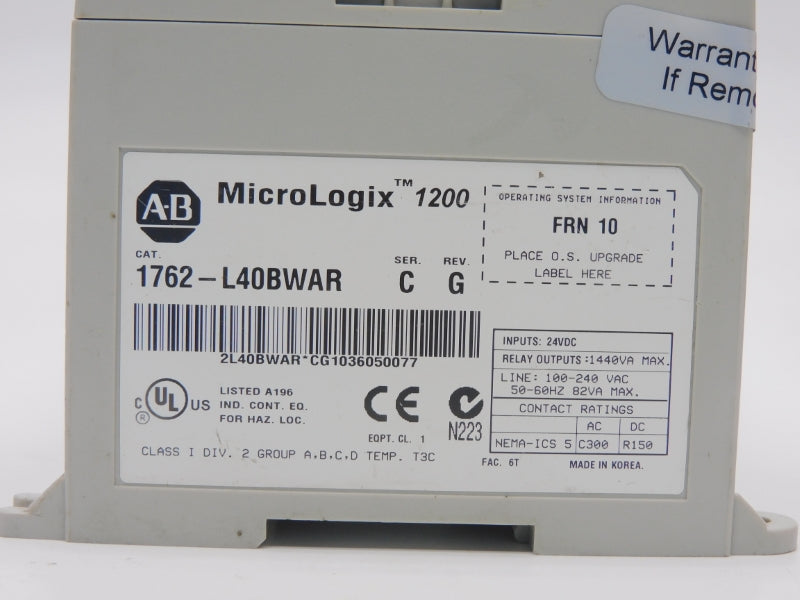 ALLEN BRADLEY 1762-L40BWAR SER. C F/W 10 REV. G 100-240VAC UNMP