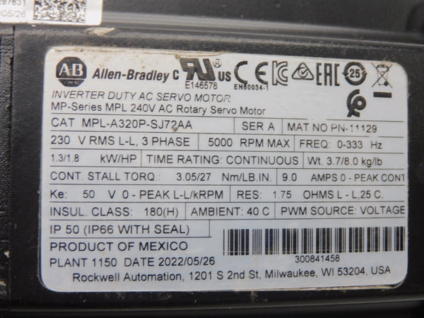 ALLEN BRADLEY MPL-A320P-SJ72AA SER. A 240VAC 9.0A NSNP