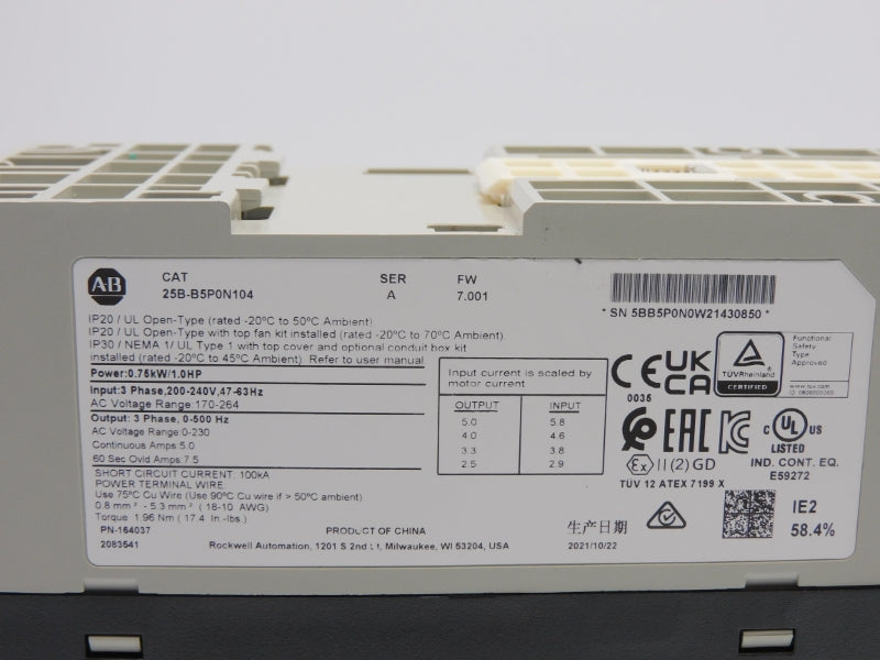 ALLEN BRADLEY 25B-B5P0N104 SER. A F/W 7.001 170-264V 5.0A NSMP