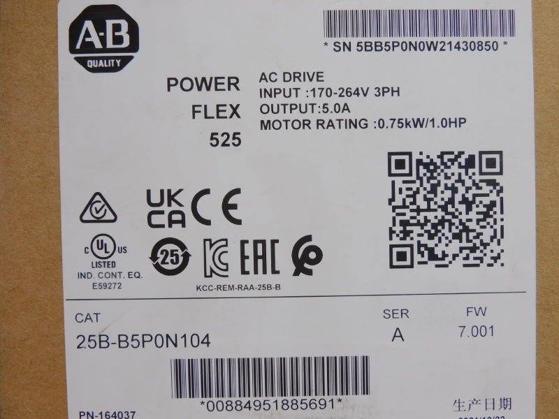 ALLEN BRADLEY 25B-B5P0N104 SER. A F/W 7.001 170-264V 5.0A NSMP