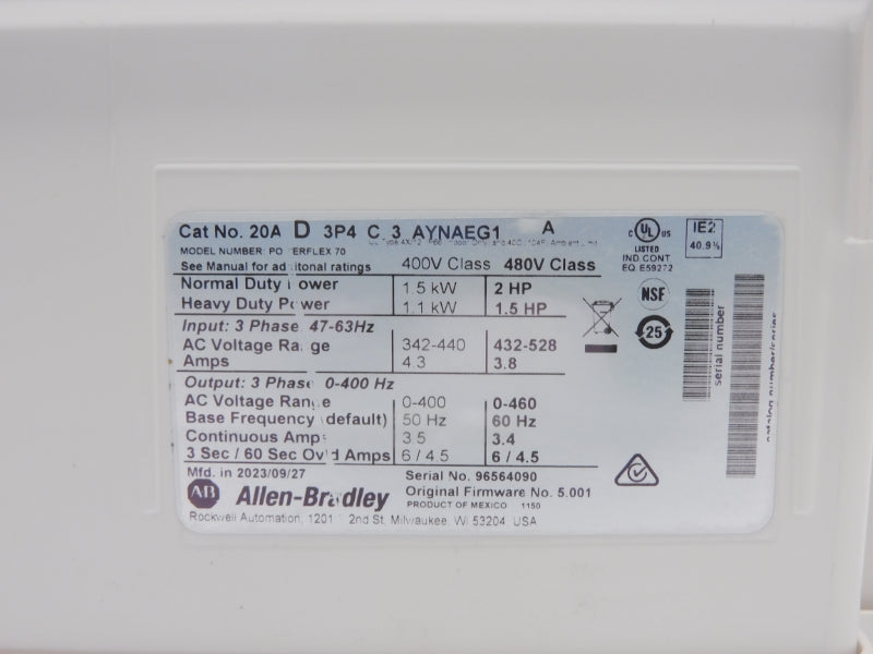 ALLEN BRADLEY 20AD3P4C3AYNAEG1 SER. A F/W 5.001 480VAC 3.4A NSMP