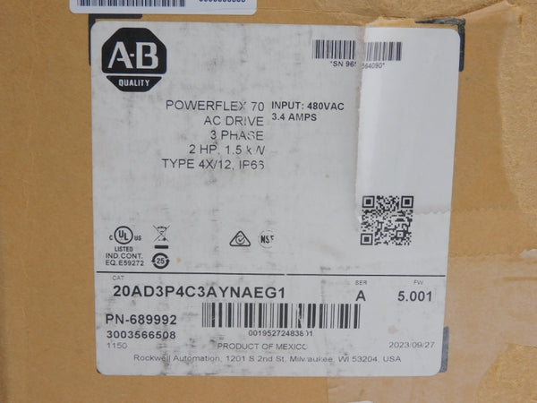 ALLEN BRADLEY 20AD3P4C3AYNAEG1 SER. A F/W 5.001 480VAC 3.4A NSMP