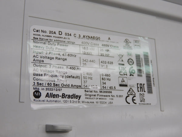 ALLEN BRADLEY 20AD034C3AYNAEG0 SER. A F/W 5.001 480VAC 34A NSMP