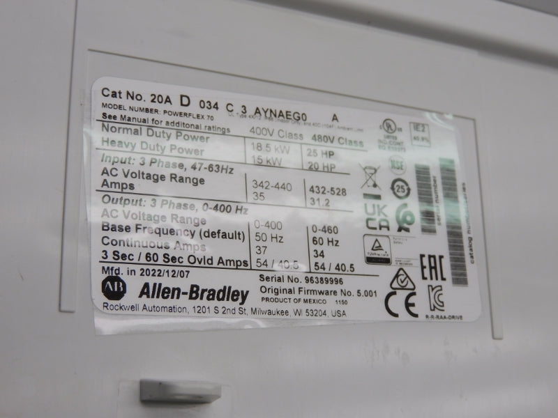 ALLEN BRADLEY 20AD034C3AYNAEG0 SER. A F/W 5.001 480VAC 34A NSMP