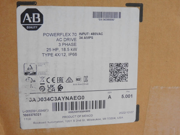 ALLEN BRADLEY 20AD034C3AYNAEG0 SER. A F/W 5.001 480VAC 34A NSMP