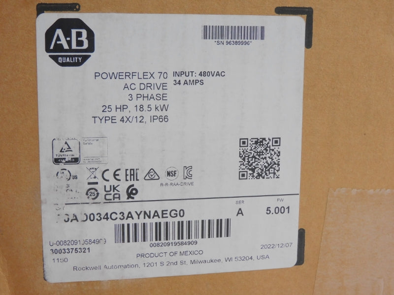 ALLEN BRADLEY 20AD034C3AYNAEG0 SER. A F/W 5.001 480VAC 34A NSMP