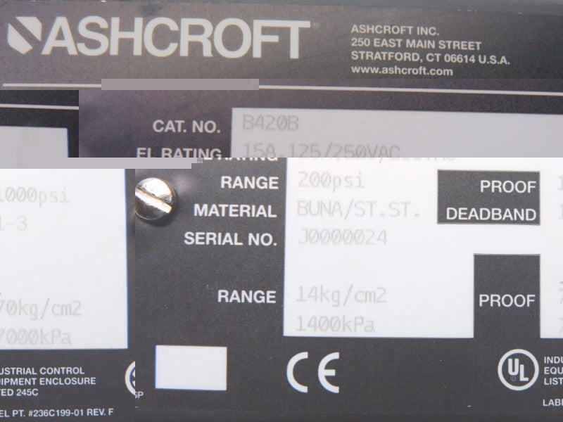 ASHCROFT B420B 125/250VAC 15A 200PSI NSNP