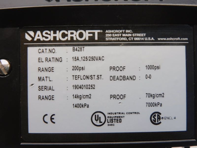 ASHCROFT B428T 125/250VAC 15A 200PSI NSNP