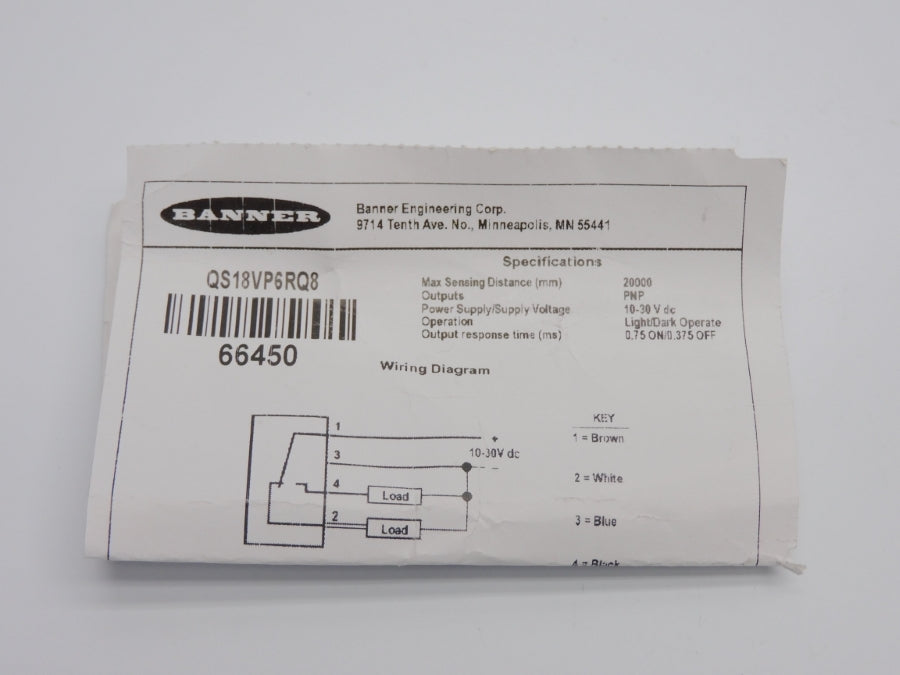 BANNER ENGINEERING QS18VP6RQ8 64450 10-30VDC NSNP