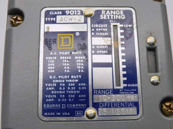 SQUARE D 9012ACW2 SER. B 600VAC 40A 10-300PSI NSNP