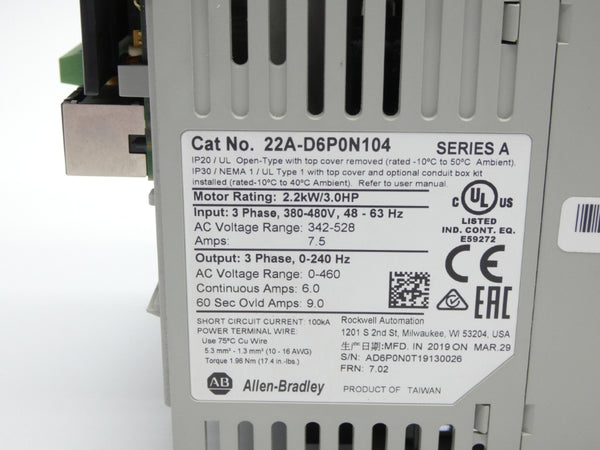 ALLEN BRADLEY 22A-D6P0N104 SER. A F/W 7.02 342-528VAC 7.5A (NO COVER) NSNP
