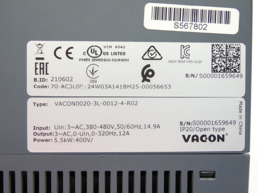 VACON VACON0020-3L-0012-4-R02 380-480V 14.9A UNMP