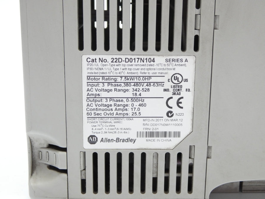 ALLEN BRADLEY 22D-D017N104 SER. A F/W 2.01 342-528VAC 18.4A UNMP